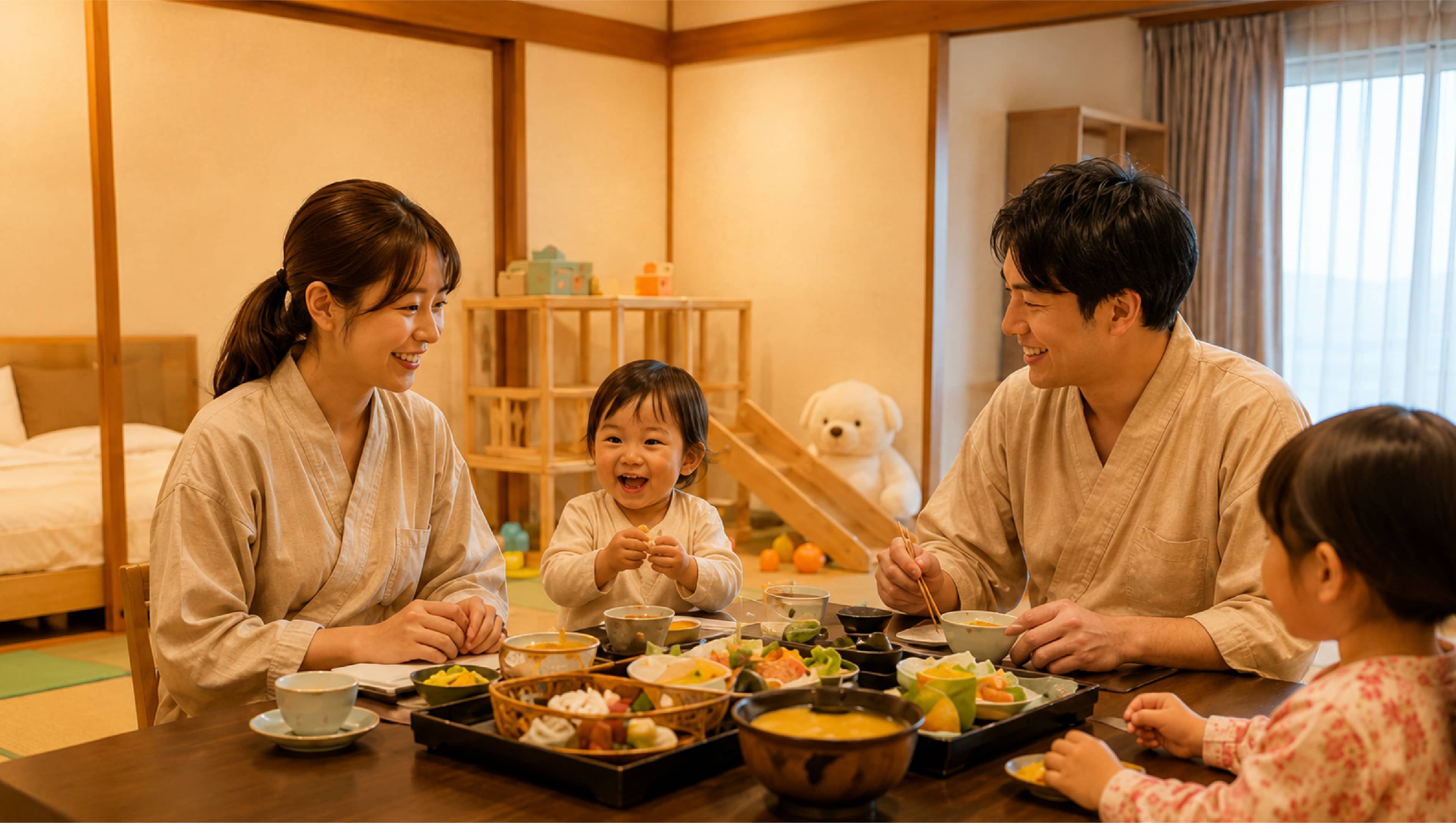 彩り亭のお部屋で夕食を楽しむ家族