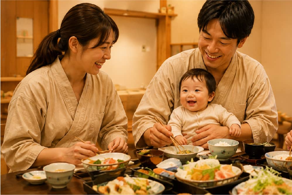 お部屋で夕食を楽しむ家族
