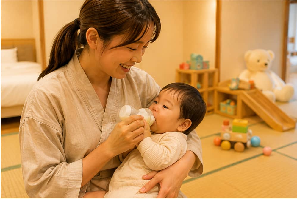 浴衣姿で赤ちゃんにミルクをあげる母親